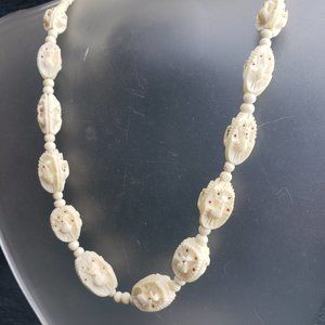 Vintage Carved Bone Peacocks Graduated Bead Necklace NOT IVORY